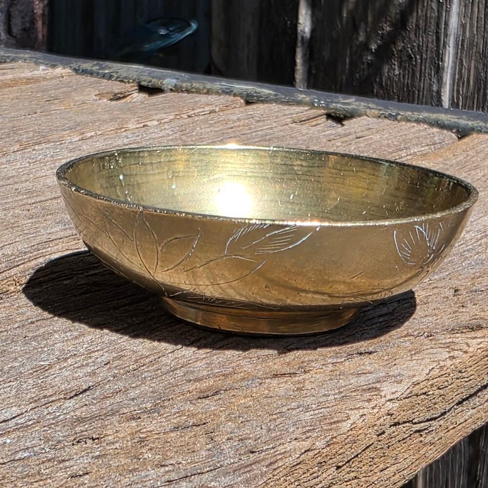 Chinese Solid Brass Mini Pedestal Bowl Etched Floral Lotus Trinket 2.5" VTG MCM